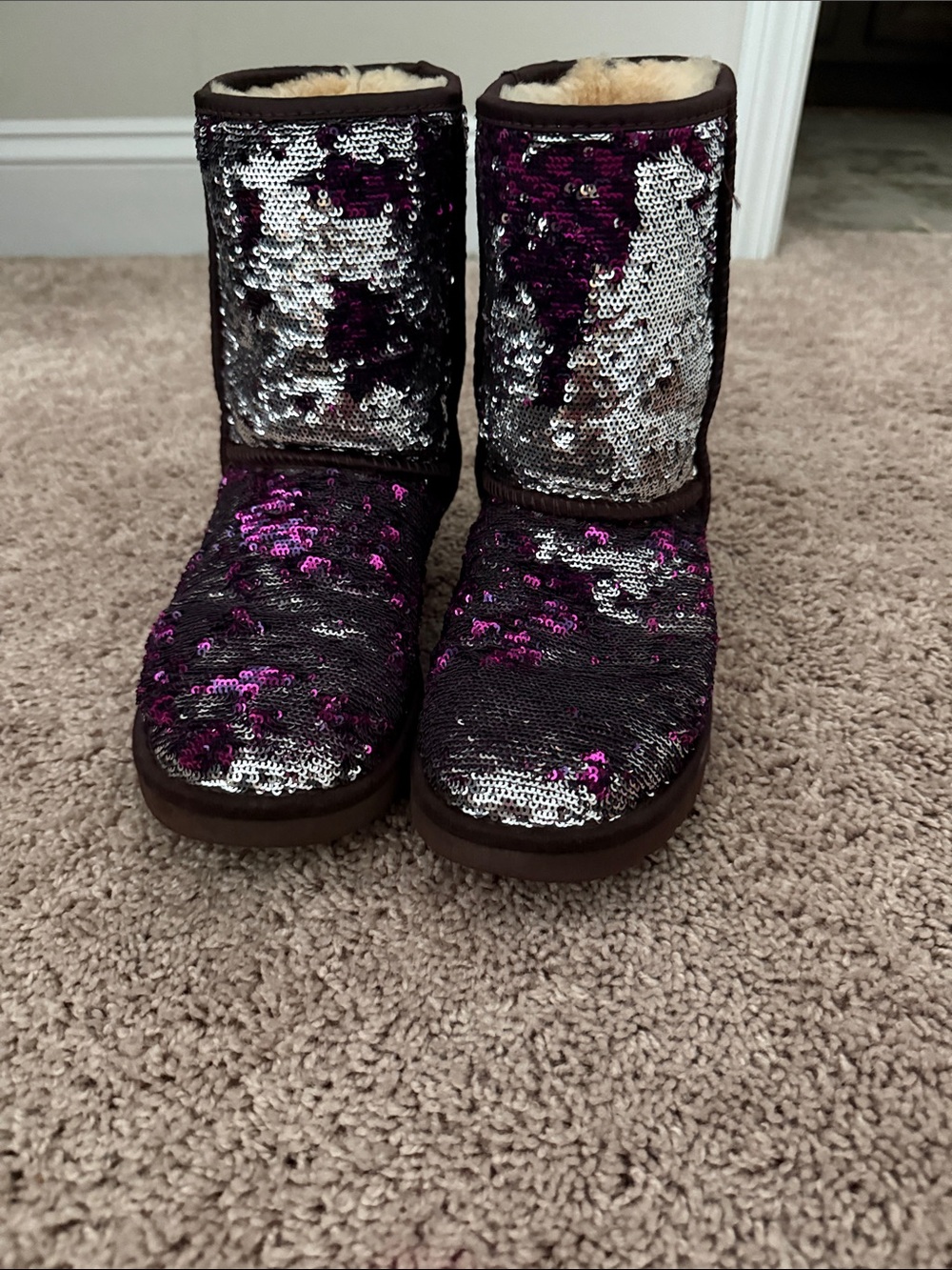 UGG Sequined Short Slipper Boots in Silver and Purple
